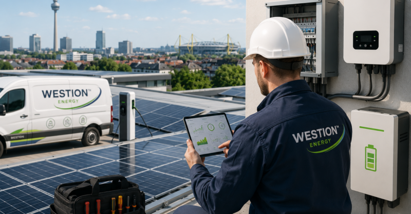 Techniker prüft Photovoltaikanlage auf einem Dach in Dortmund per Monitoring-Tablet